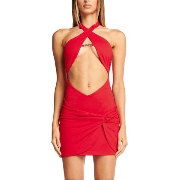 I.Am.Gia Cosma Dress Logo Metal Name Plate Red Halter Cutout Small G2 - Picture 3 of 12